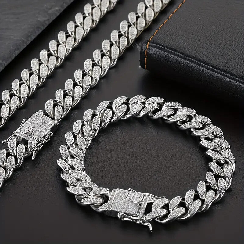 Luxury Lab Diamond Watch & Iced Cuban Chain Necklace & Hip Hop Bracelet Gift Set