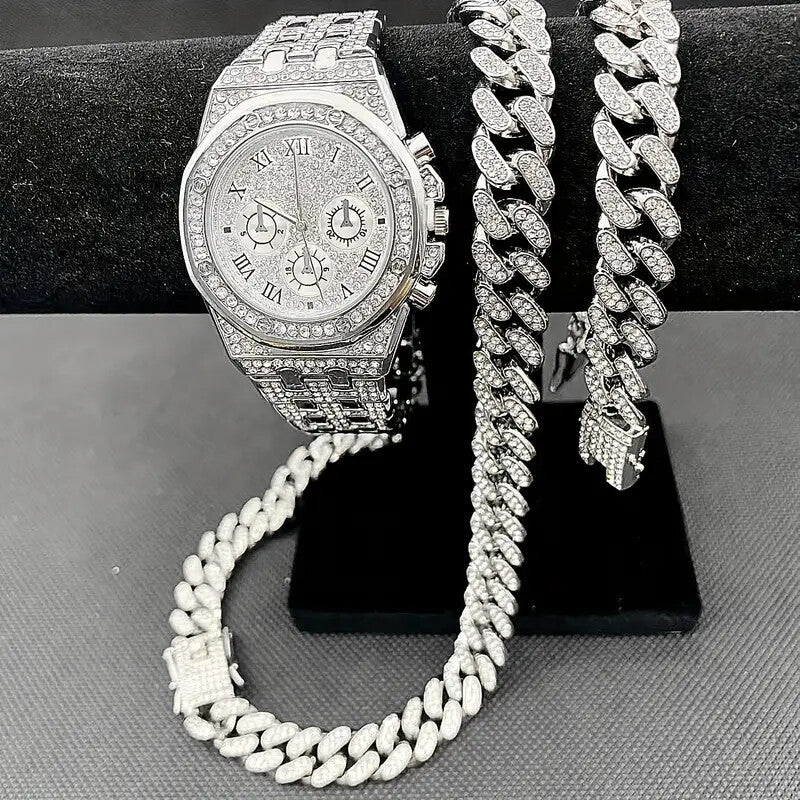 Luxury Lab Diamond Watch & Iced Cuban Chain Necklace & Hip Hop Bracelet Gift Set