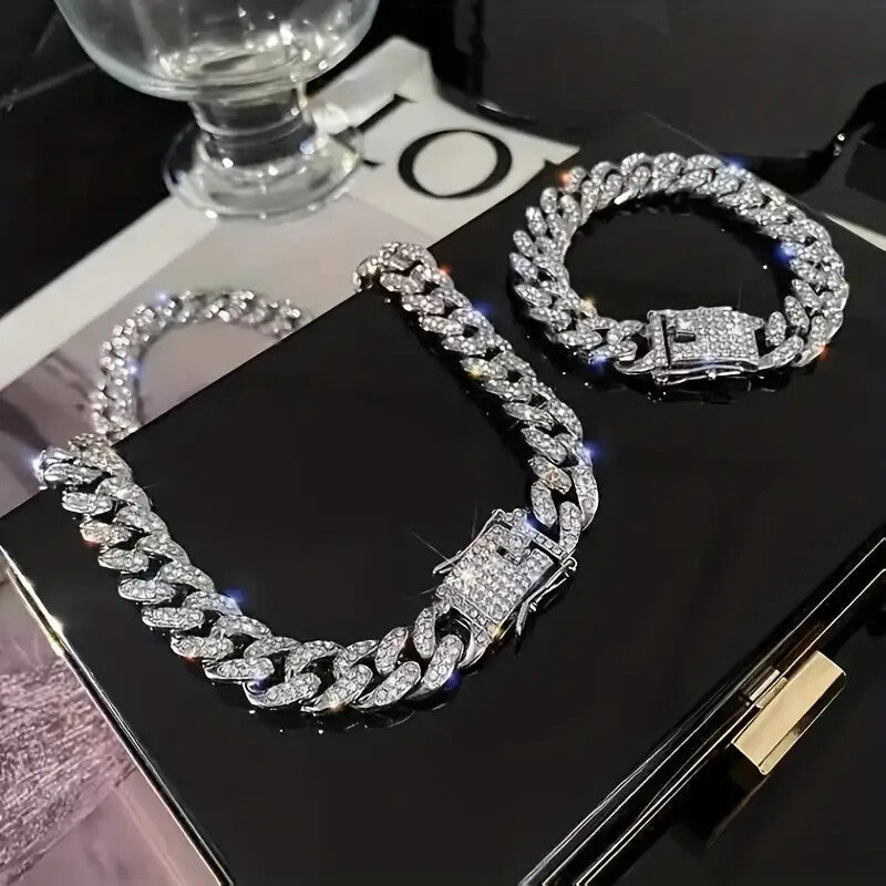 Luxury Lab Diamond Watch & Iced Cuban Chain Necklace & Hip Hop Bracelet Gift Set