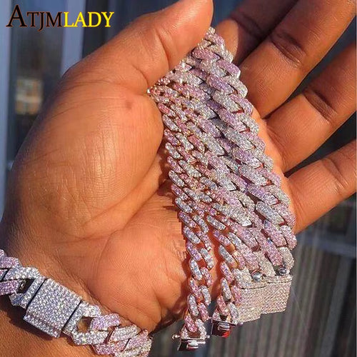 Iced Out Micro Pave CZ 17Cm 19Cm Miami Cuban Link Chain Pink White Two Tone Color Bracelet Hip Hop Men Women Jewelry