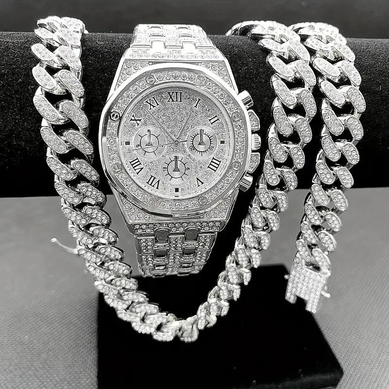 Luxury Lab Diamond Watch & Iced Cuban Chain Necklace & Hip Hop Bracelet Gift Set