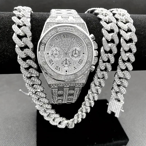 Luxury Lab Diamond Watch & Iced Cuban Chain Necklace & Hip Hop Bracelet Gift Set